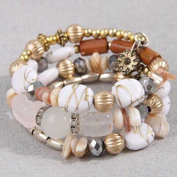 Western Style White Gemstone Wood Gold Tone Wrap Bracelet Southwest Accessory - Picture 2 of 2